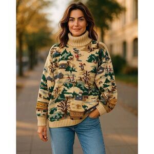 Classiques Cream Merino Wool Chunky Knit Sweater Ski Village Scene Novelty | L